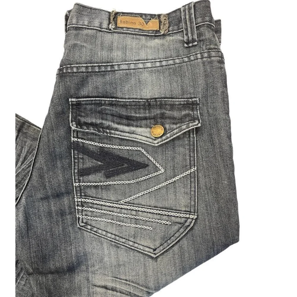 INDIGO 30 Men's Dark Denim Whiskered Jeans 36x34 Flaps Embroidery Bootcut EUC‎